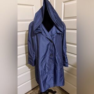 Portrait Chic Pleated Hood Blue Trench Coat for Women